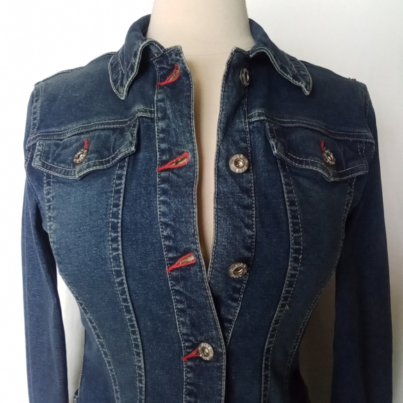 Women's Vintage eckored Y2K Button Up Denim Jean Jacket Retro Fitted Style - Picture 3 of 16